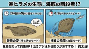 平目の特徴、基本は「待ち伏せ」。海底の変化やカケアガリを重点的に攻める。捕食時は水面まで跳ね上がるほど俊敏。底だけを意識しすぎない。歯は「逃さない」構造。アタリがあっても焦らず待つ。釣太郎
