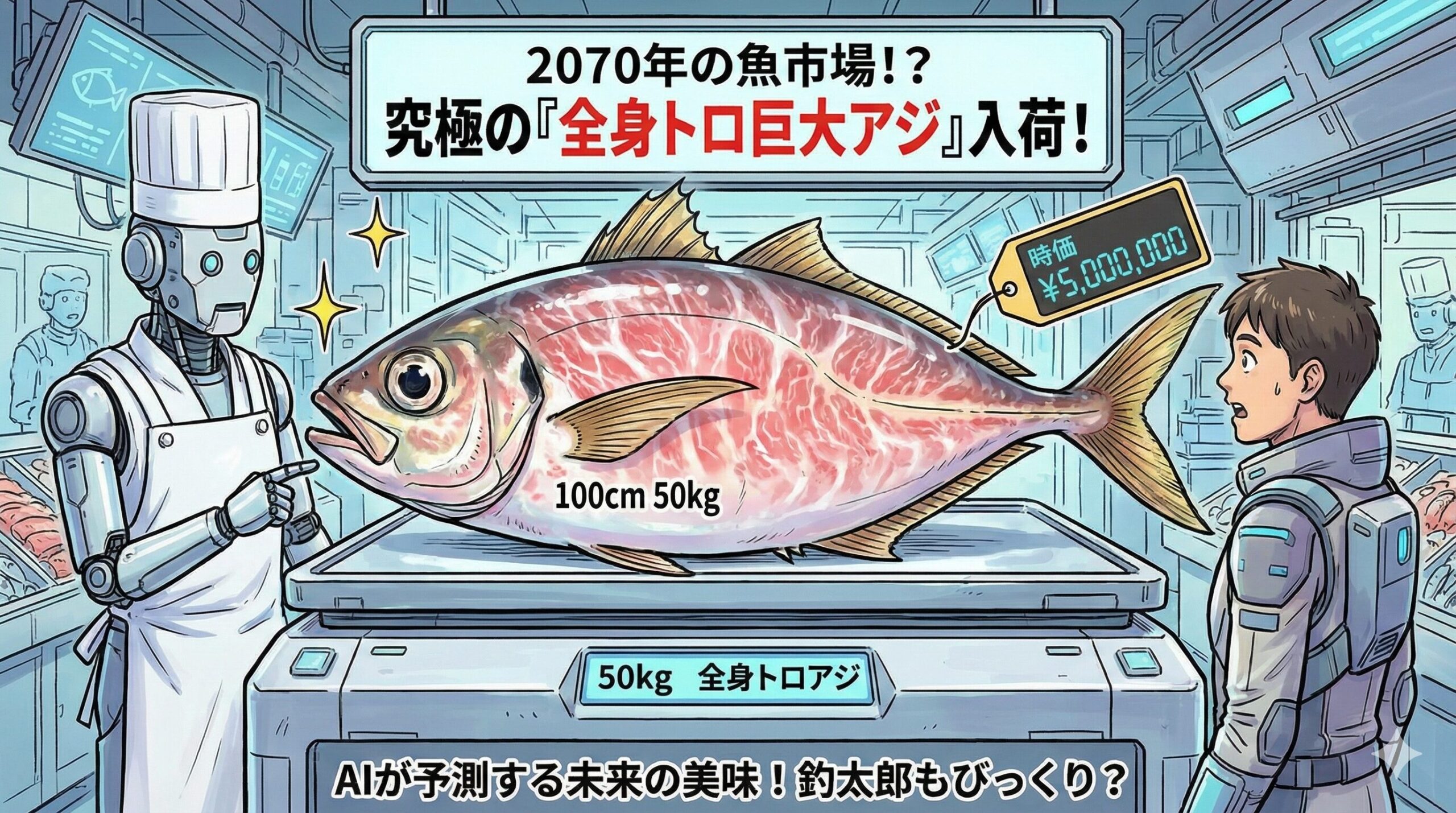 【AI未来予測】体長1m・重さ50kg！「全身大トロの巨大アジ」が釣れるのは何年後？釣太郎