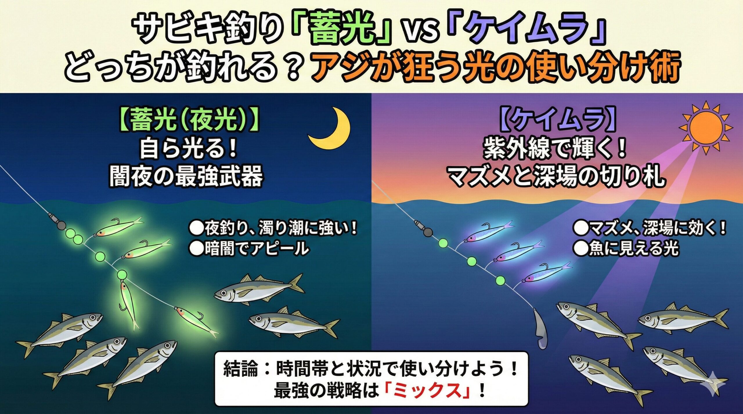 「蓄光」は暗闇のライト、「ケイムラ」は紫外線の反射板。アジ夜釣り入門。釣太郎