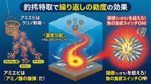 「同じ場所に投げ続ける」という行為は、単なる繰り返し作業ではない。魚の鼻先に、抗えないほどの化学的刺激を送り込み続ける。釣太郎