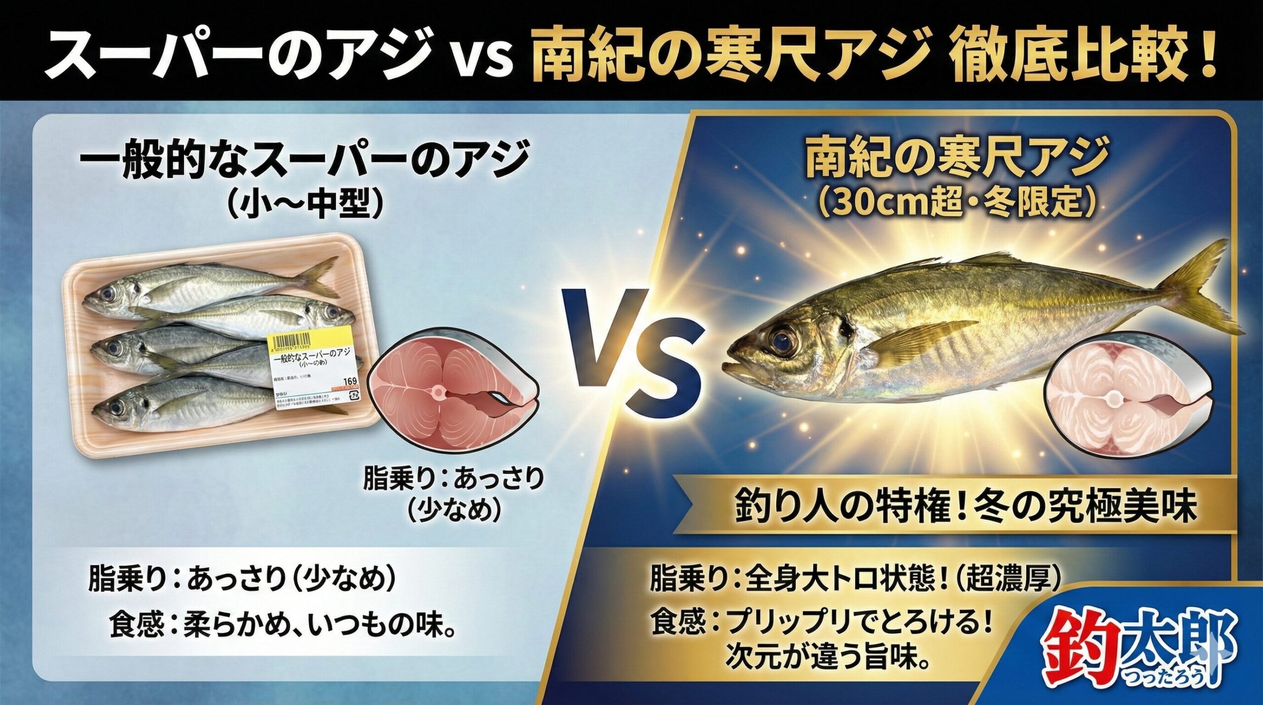 スーパーで売っている者とは全く次元が違う「南紀の寒尺アジ」。同じアジとは思えない、と言う人が圧倒的に多い。釣太郎