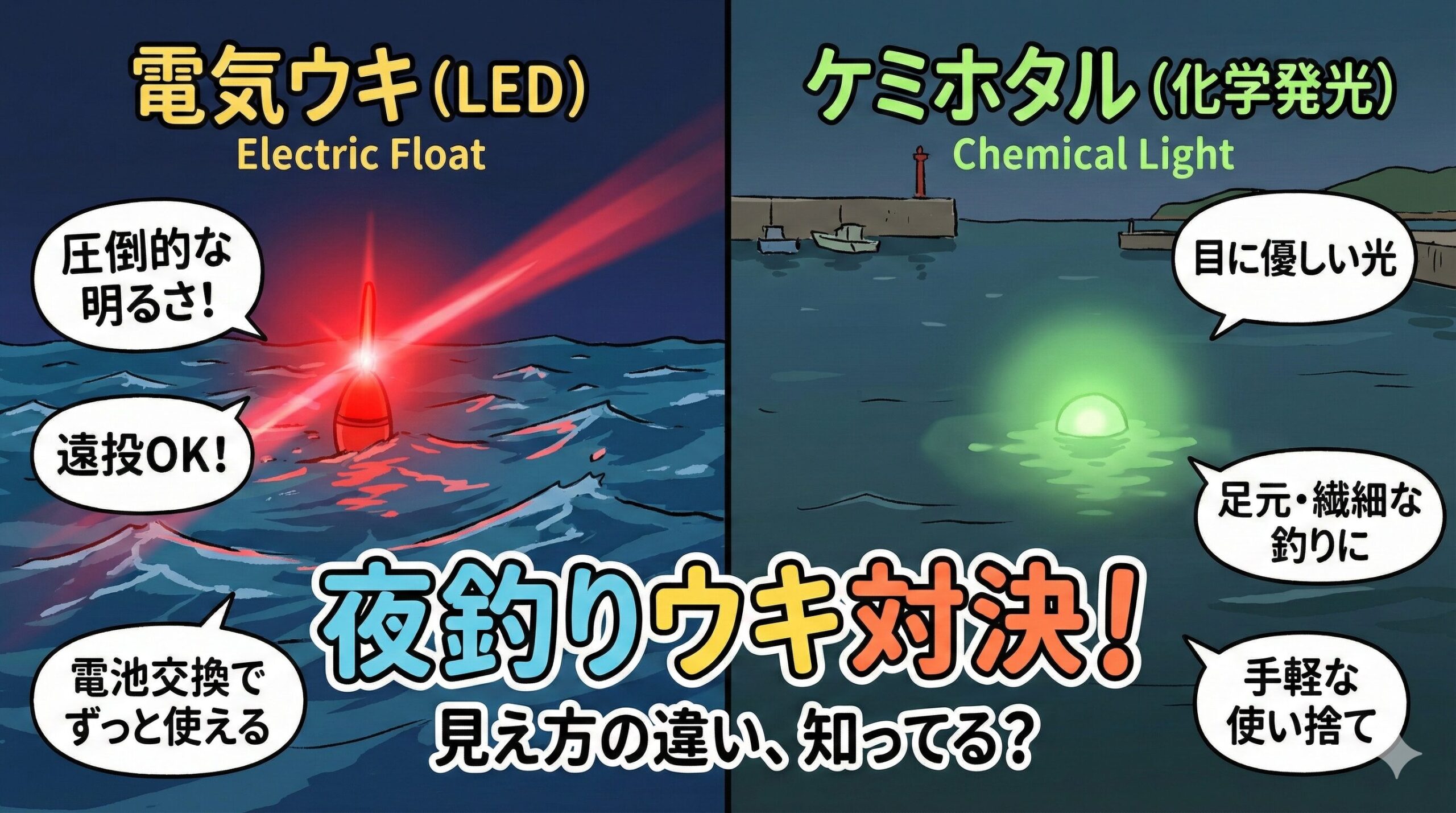 最初は「ケミホタル」。「もっと遠くへ投げたい」「もっと明るい光が見たい」と感じたら電気ウキ。夜釣り入門。釣太郎