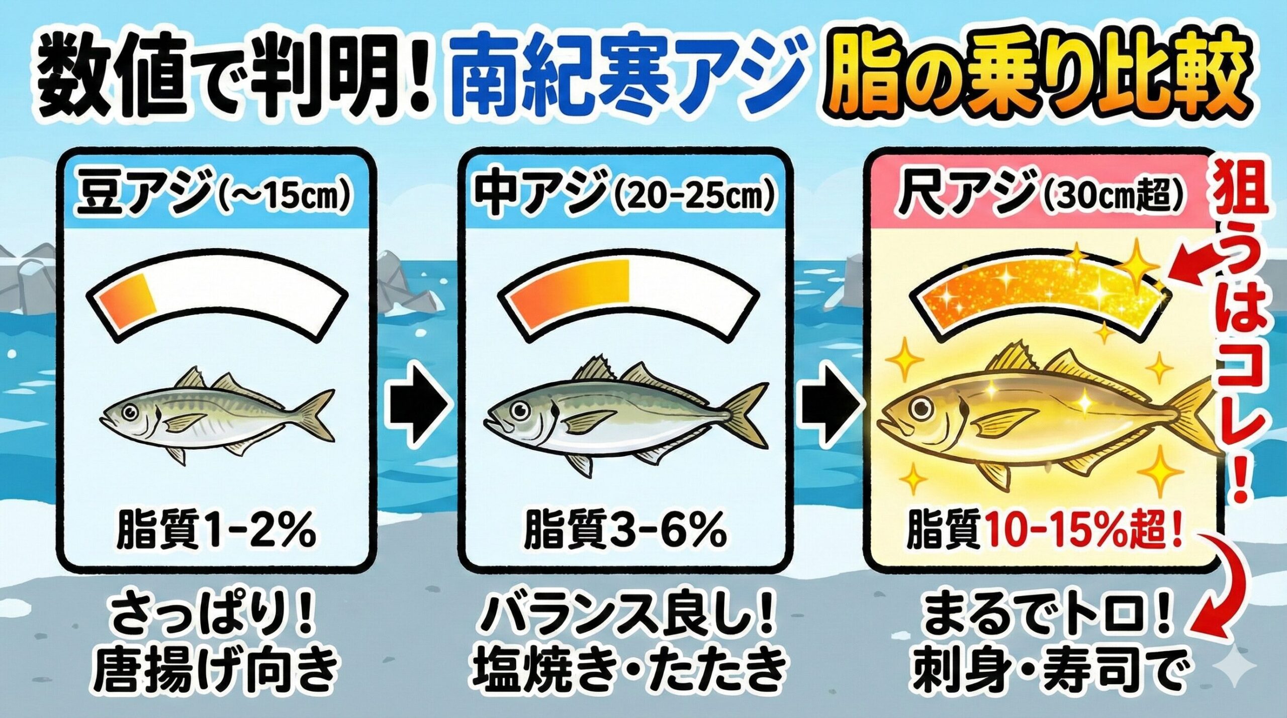 30cmを超えた南紀の寒アジは、トロアジとも呼ばれるほど脂がのっている。釣太郎