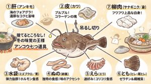 アンコウの七つ道具、 肝（コクと旨味）皮（コラーゲン）水袋（弾力ある胃袋）ぬの（独特な卵巣）えら（食感のアクセント） とも（ヒレの付け根） 柳肉（上品な白身）釣太郎
