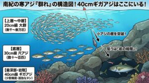 南紀の寒尺アジ20cmの群れの下に30cmがいる。40cmは、そのさらに奥、シモリ（岩）の陰に数匹だけで潜んでいる。釣太郎