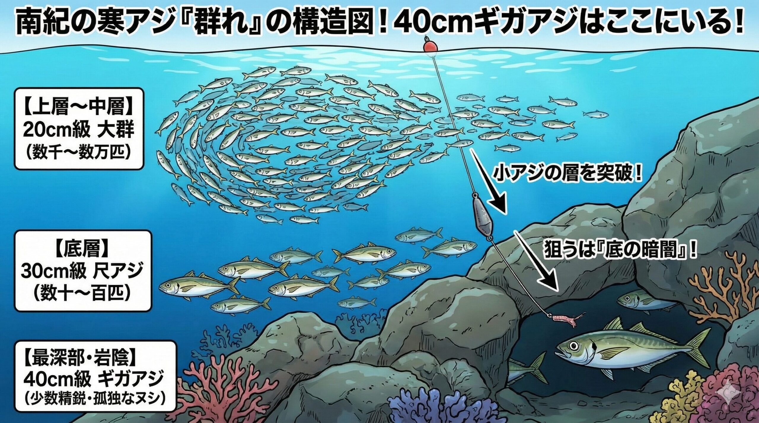 南紀の寒尺アジ20cmの群れの下に30cmがいる。40cmは、そのさらに奥、シモリ（岩）の陰に数匹だけで潜んでいる。釣太郎