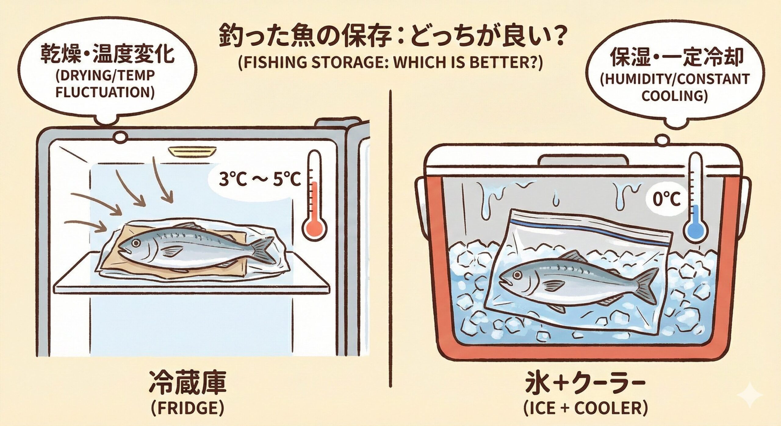 魚冷却、氷（氷水）： 魚の体温を奪い、芯まで「冷やす（冷却）」ための最強ツール。冷蔵庫： 冷えた状態を維持し、熟成させるための「保つ（保管）」ツール。釣太郎