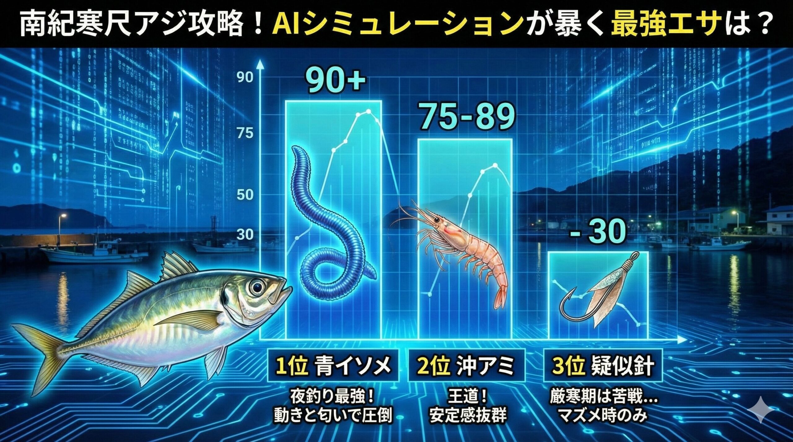 冬の南紀、寒風に耐えながら狙う価値のある「寒尺アジ」。 AIシミュレーションは、夜釣りにおける「青イソメ」の圧倒的なポテンシャルを証明.釣太郎