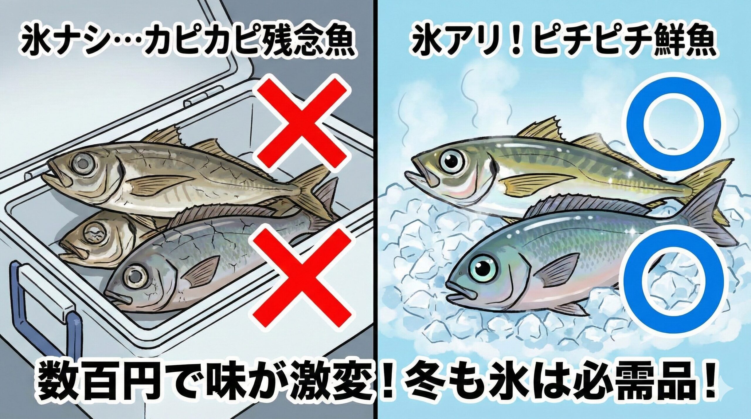 【冬の釣り】「寒いから氷は不要」は大間違い！外気冷却と氷締めの決定的な違いを解説。釣太郎