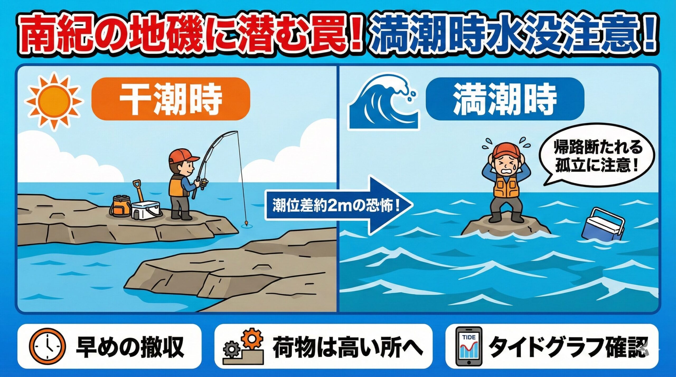 南紀の地磯は、干満差約2メートルの影響をダイレクトに受ける場所です。釣太郎