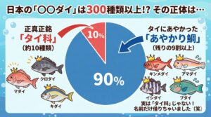 タイと名の付く魚が約300種類以上あるが、その中で生物学的に正真正銘の「タイ科」の魚は、実はわずか10種類程度。残りの9割以上は、通称「あやかり鯛」釣太郎
