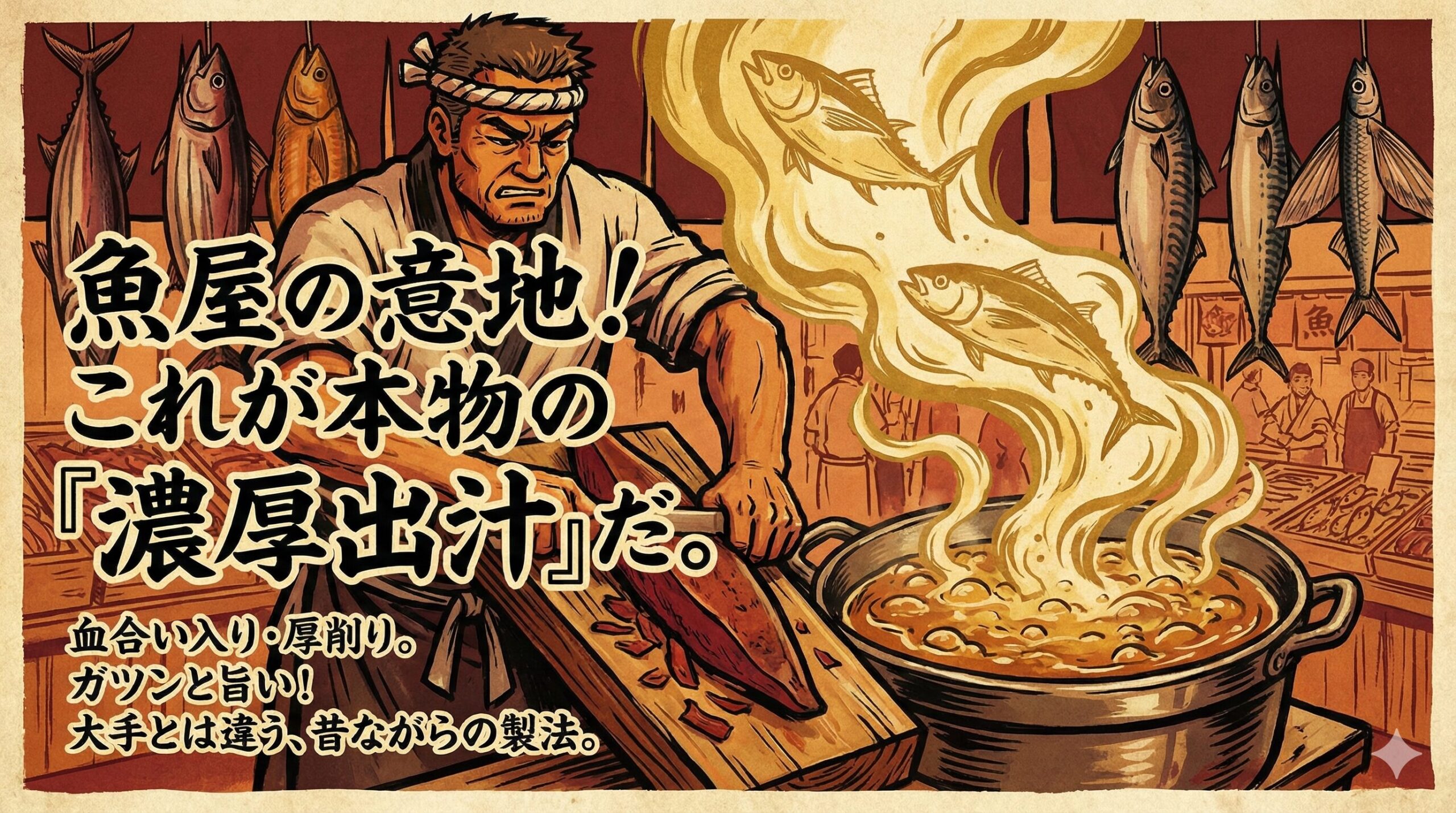 「鰹節」と一言で言ってもピンキリ。荒節：一般的な「カツオ出汁」カツオを煮て、煙で燻（いぶ）して乾燥させただけ。本枯れ節：最高級の芸術品。完成まで半年以上かかります。釣太郎