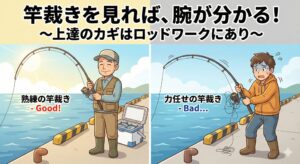 竿裁きは、一朝一夕で身につくものではありません。 しかし、釣行のたびに「丁寧に竿を扱うこと」を意識すれば、必ず上達します。釣太郎
