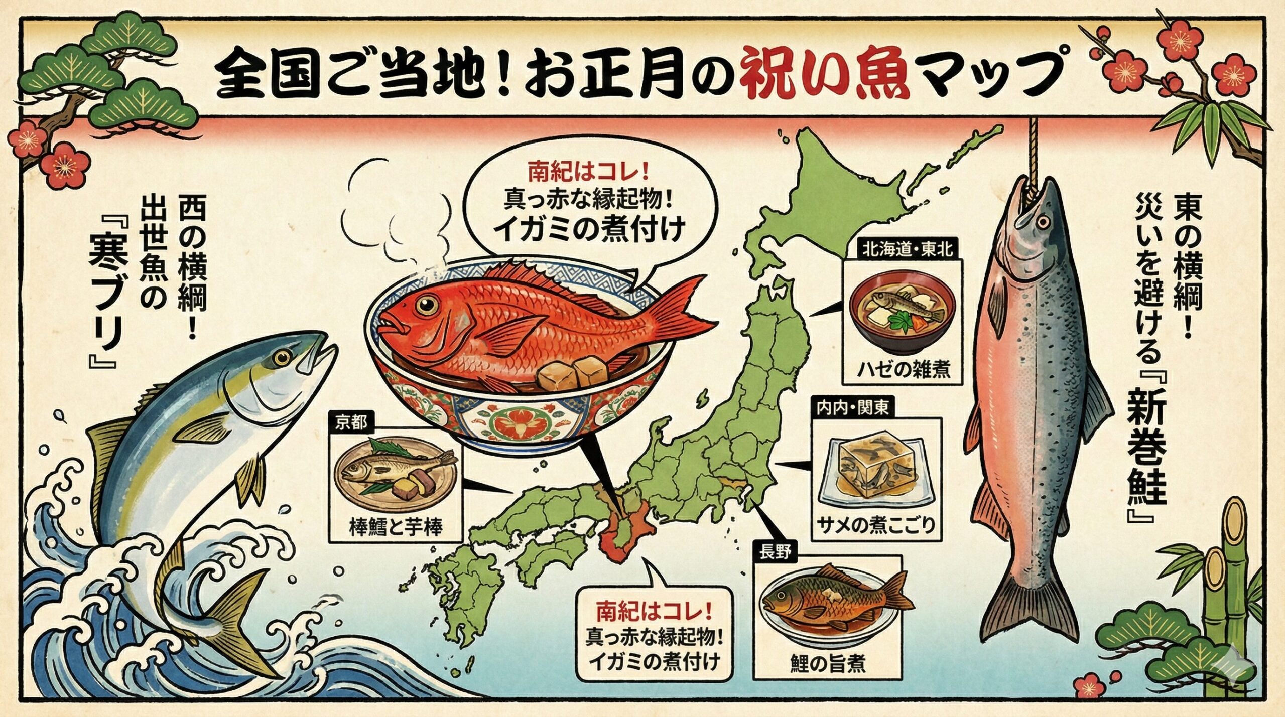 正月の祝い魚、日本は南北に長く、海流も異なるため、その土地ごとに「一番のご馳走」が異なります。 南紀のイガミ、東のサケ、西のブリ。釣太郎