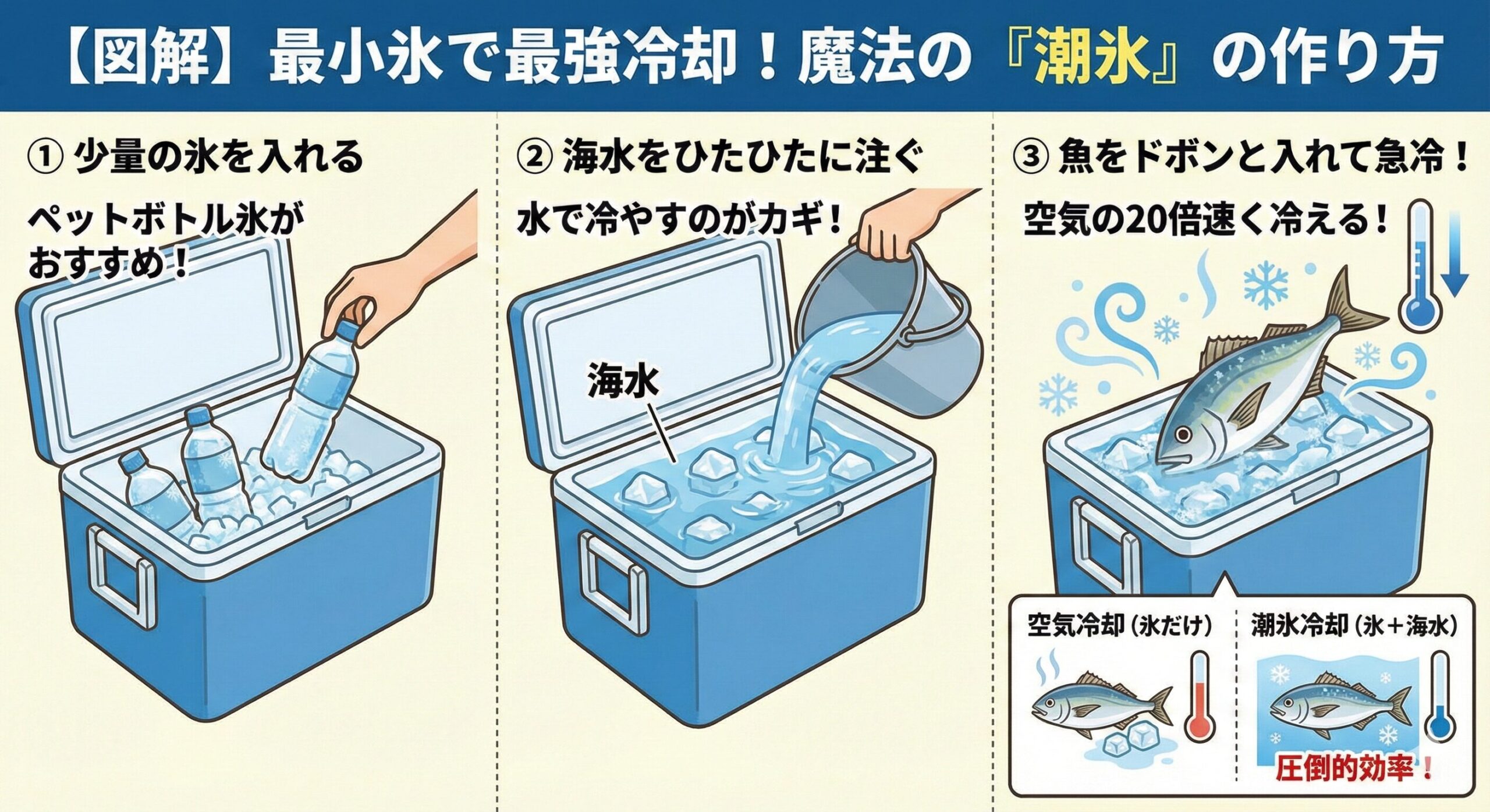 最小限の氷で魚を冷やす極意。空気で冷やさず「水（潮氷）」で冷やす。溶けにくい「ペットボトル氷」をメインにする。隙間を埋めて冷気を逃さない。釣太郎