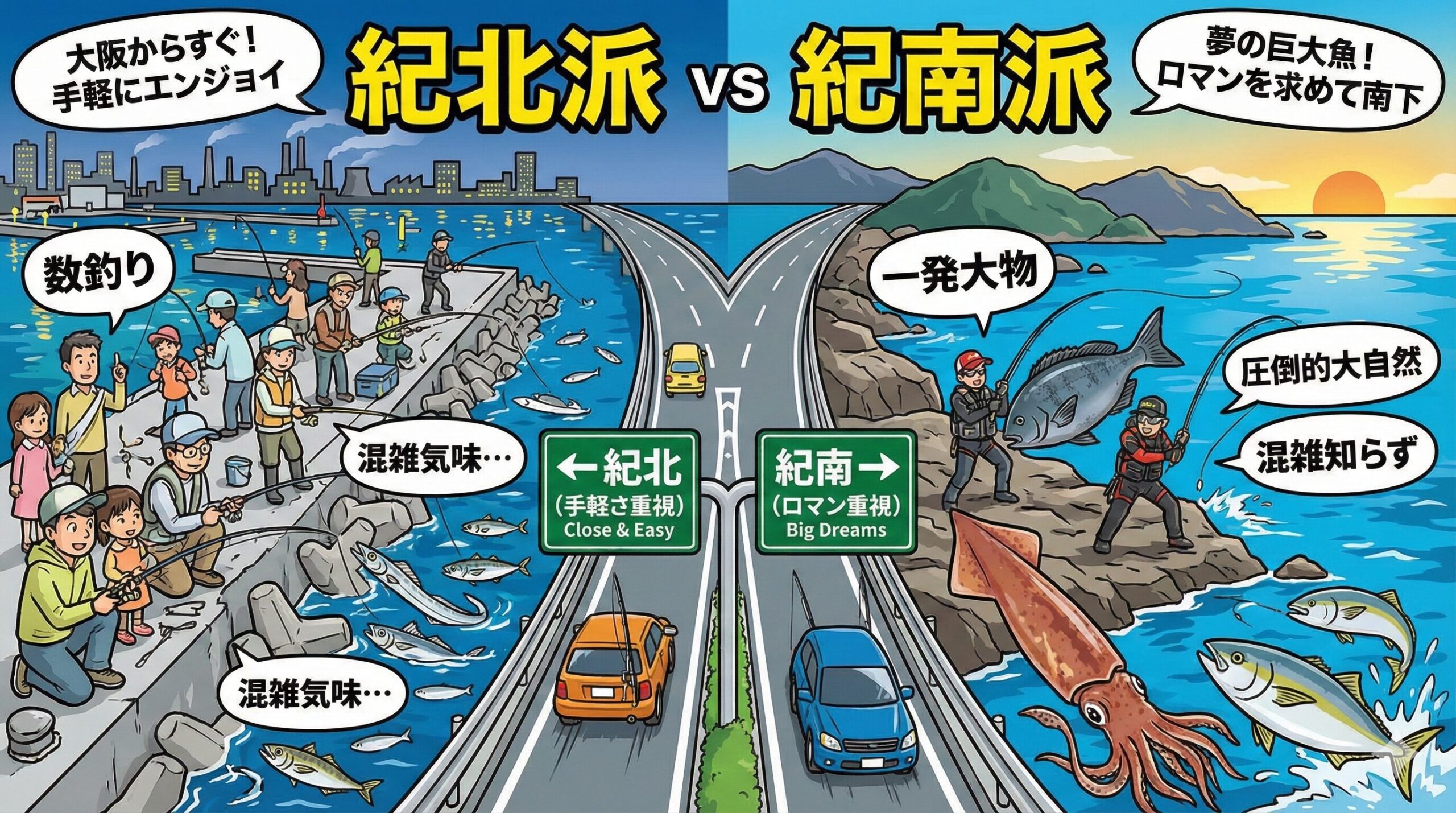 紀北：手軽に楽しみたい、ファミリーフィッシング、交通費を抑えたい人向け。紀南：型（サイズ）を狙いたい、美味しい魚が食べたい、混雑を避けてのんびり釣りたい人向け。同じ和歌山でも違う。釣太郎