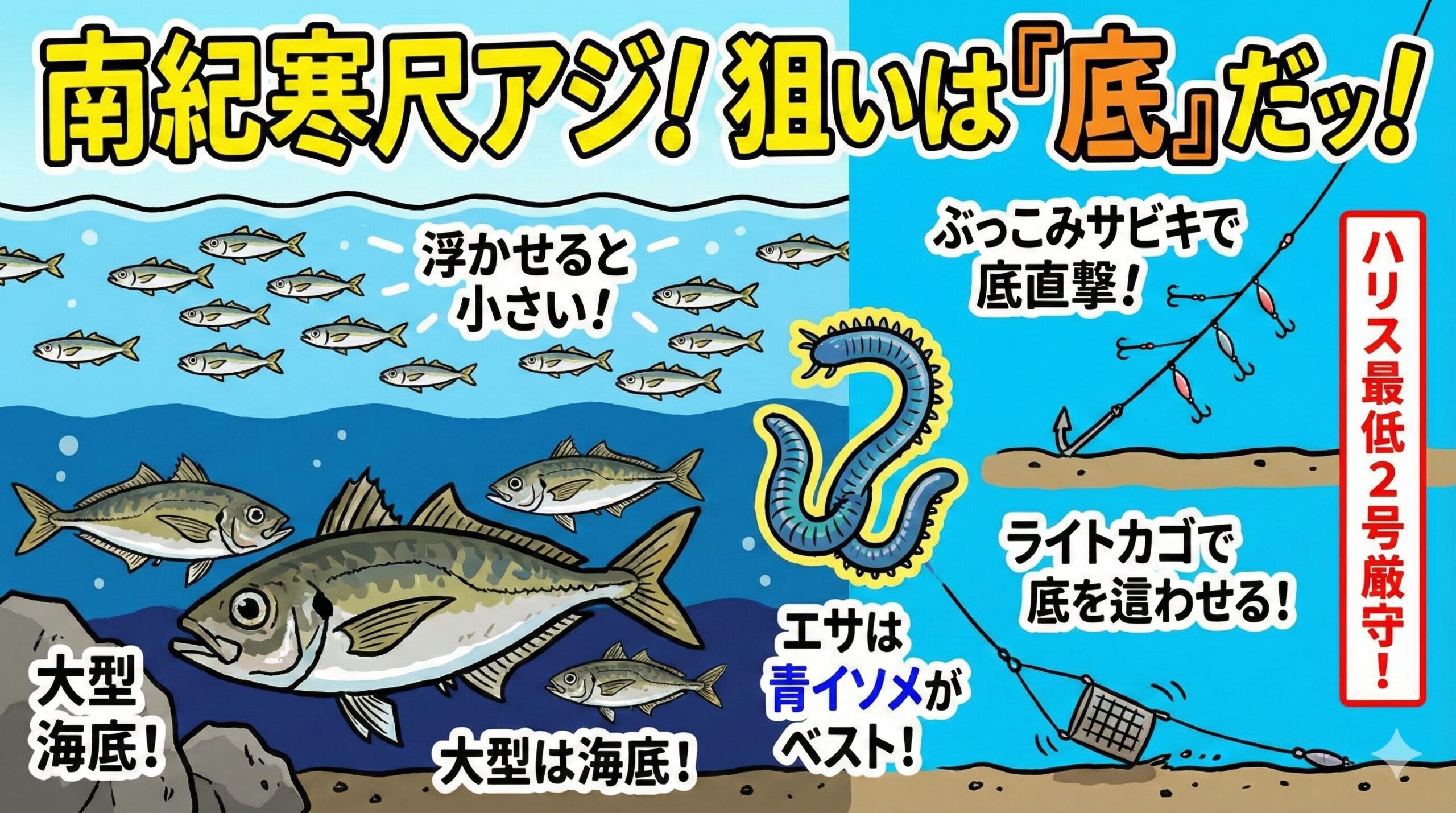 南紀の寒尺アジ攻略のポイント。タナは底を狙う。海底を攻める。サシエサは青イソメが最強。ハリスは2号以上で強気に攻める。釣太郎
