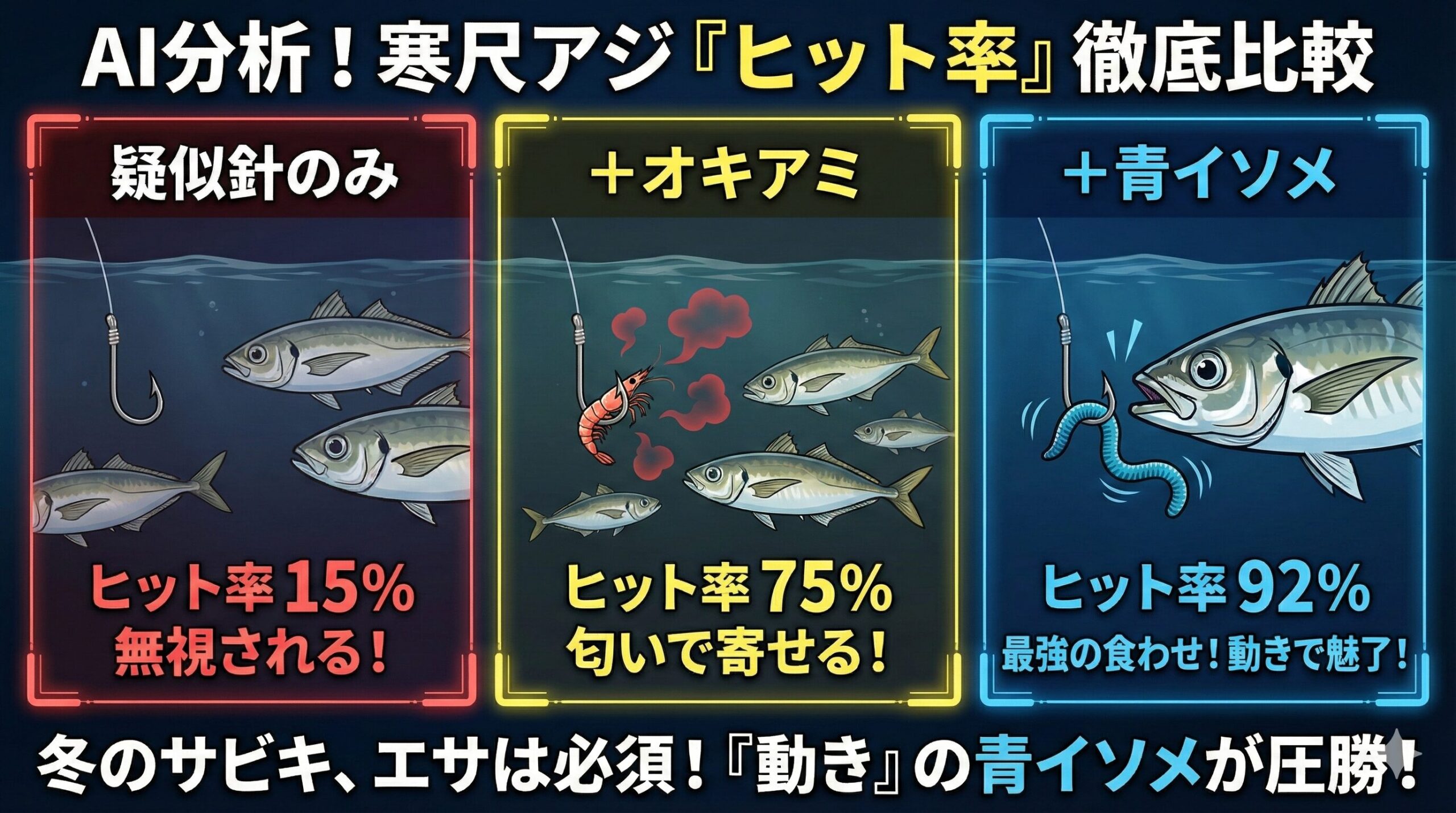 「サビキだからエサはいらない」という常識は、冬の尺アジには通用しません。青イソメ忘れずに。釣太郎