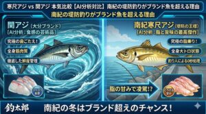 「濃厚な脂の甘み」と「とろける食感」、そして「究極の鮮度」を求めるなら、冬の南紀で釣れる寒尺アジは、関アジと同等、あるいはそれ以上の価値があります。釣太郎