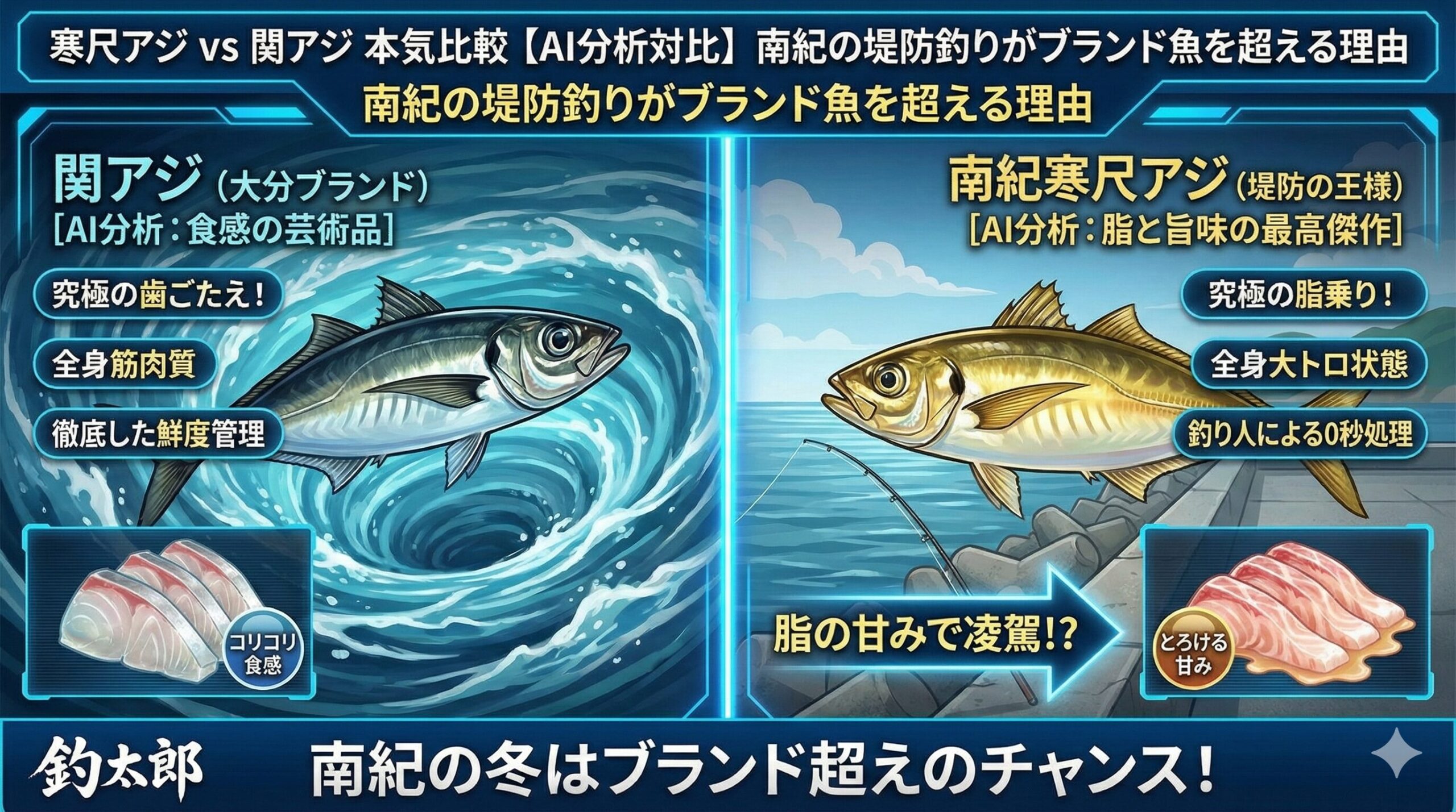 「濃厚な脂の甘み」と「とろける食感」、そして「究極の鮮度」を求めるなら、冬の南紀で釣れる寒尺アジは、関アジと同等、あるいはそれ以上の価値があります。釣太郎