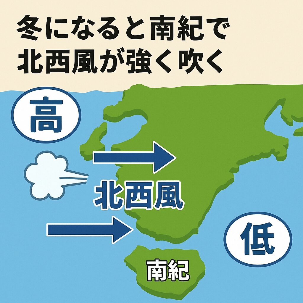 冬は西高東低の気圧配置になる・高気圧から低気圧へ空気が流れる ・地球の自転で北西風になる・南紀は地形と太平洋で風が強く感じる。釣太郎