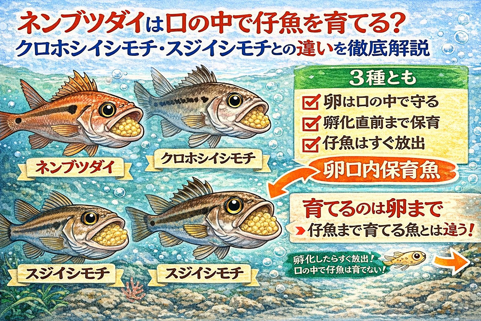 ネンブツダイ。クロホシイシモチ。スジイシモチ。この3種はオスが口の中で卵を保育 ・孵化直前まで守る ・仔魚はすぐに放出 という卵口内保育魚。釣太郎