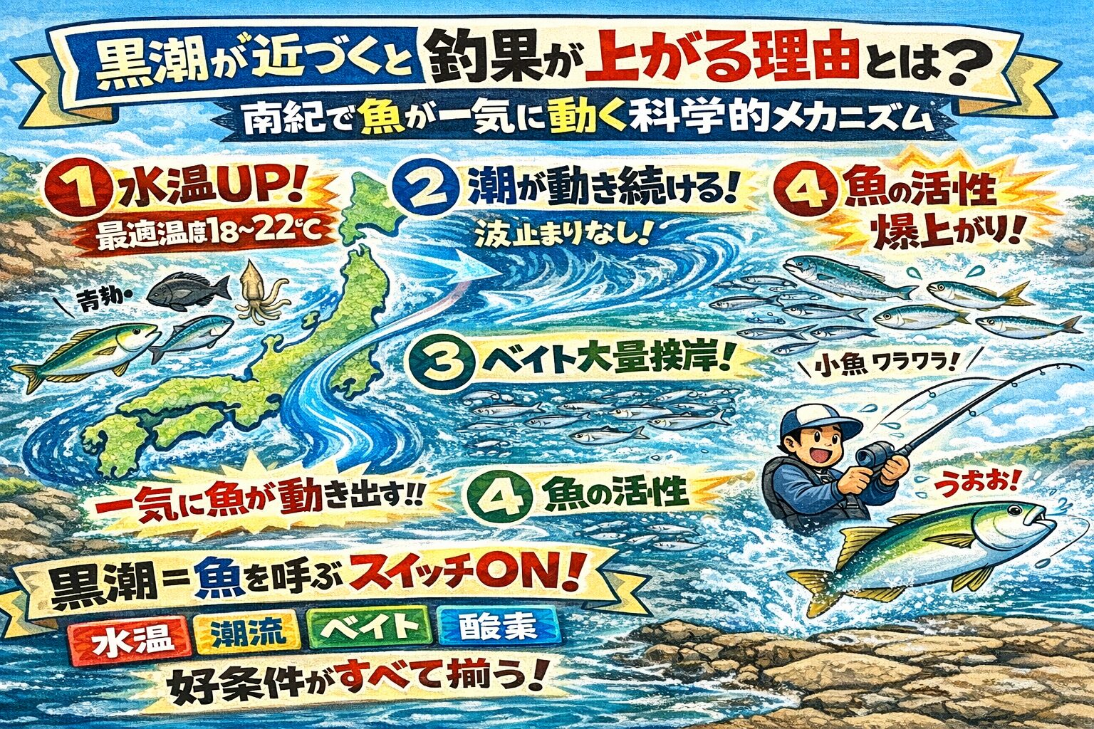 黒潮が近づくと釣果が上がるのは、・水温 ・潮流・ベイト・酸素 すべてが魚にとって理想状態になるから。釣太郎