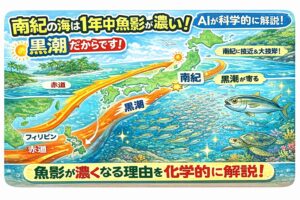 黒潮は赤道付近で生まれ。日本沿岸を北上する巨大な暖流。気温が下がっても黒潮そのものはほとんど冷えない 。南紀が一年中魚影が濃いのはこの黒潮の存在があるから。釣太郎