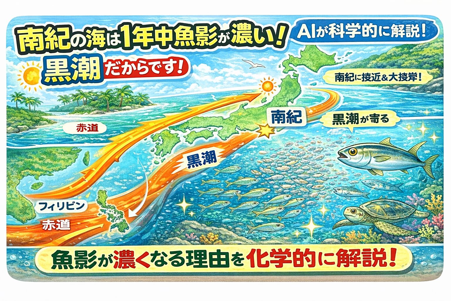 黒潮は赤道付近で生まれ。日本沿岸を北上する巨大な暖流。気温が下がっても黒潮そのものはほとんど冷えない 。南紀が一年中魚影が濃いのはこの黒潮の存在があるから。釣太郎