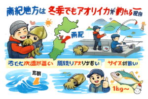 冬アオリイカは、南紀地方では、黒潮の影響 ・水温の高さ・居残り個体・低プレッシャー 。これらの条件が重なり、冬でもアオリイカが釣れる環境が成立します。釣太郎