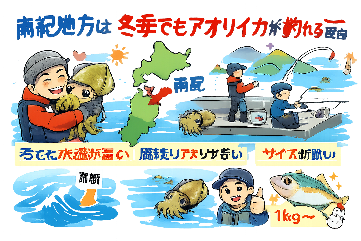 冬アオリイカは、南紀地方では、黒潮の影響 ・水温の高さ・居残り個体・低プレッシャー 。これらの条件が重なり、冬でもアオリイカが釣れる環境が成立します。釣太郎