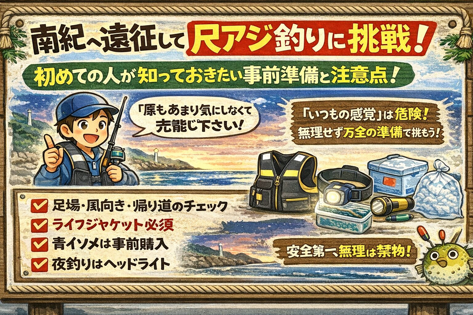 南紀の尺アジ釣りは 特別なテクニックよりも・安全第一・事前準備・棚意識・青イソメ 。この4点を守るだけで成功率は一気に上がります。釣太郎