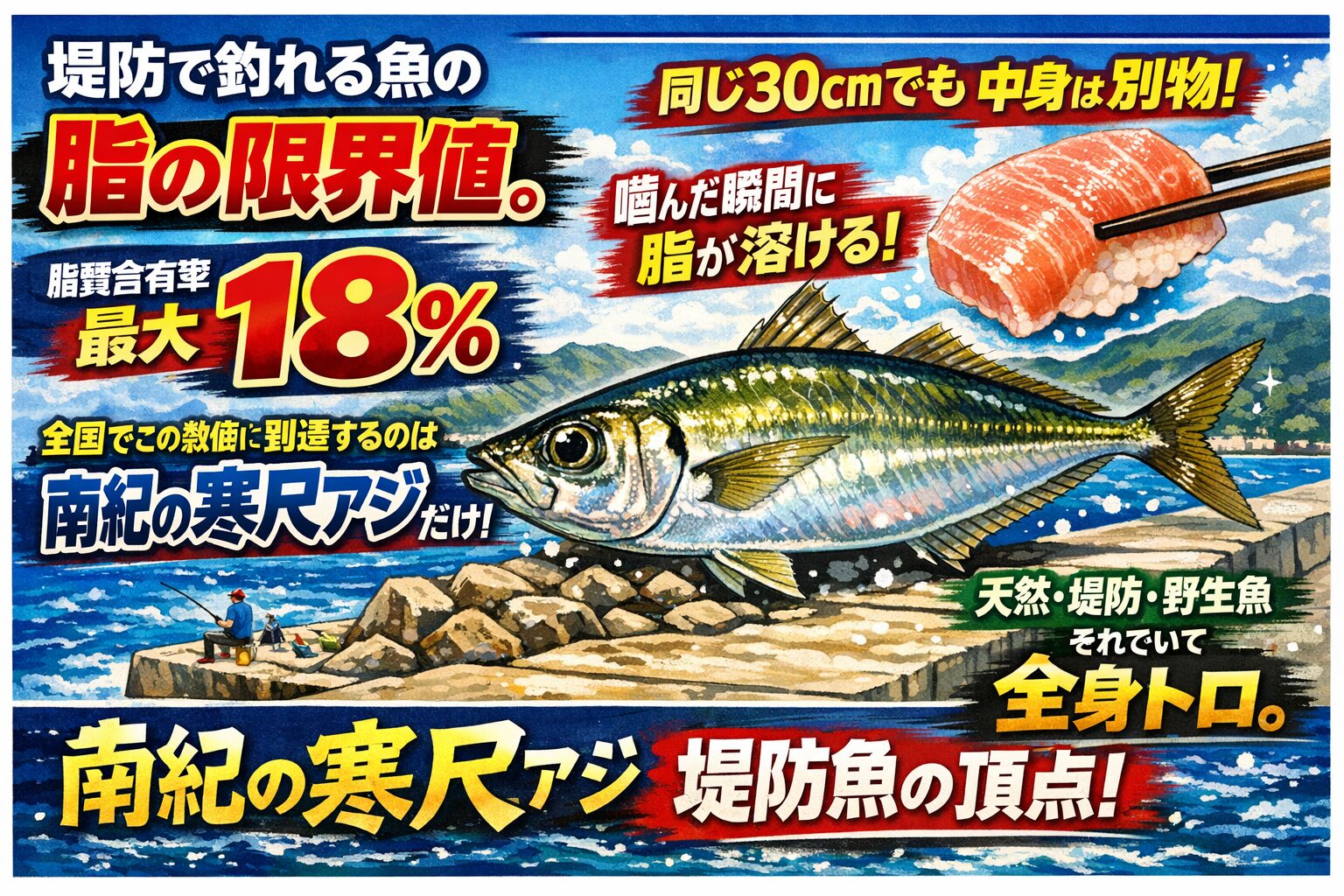 堤防で釣れる魚の 脂の限界値。脂質含有率 最大18％。全国で この数値に到達するのは南紀の寒尺アジだけ。釣太郎
