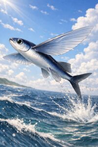 トビウオが飛ぶ理由は、生き残るための最終手段。飛ぶ理由：捕食魚から逃げるため ・飛距離：30〜50m、最大100m超・スピード：水中で時速50〜60km。釣太郎