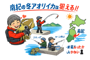 南紀の冬アオリイカは「知っている人だけの釣り」南紀地方では・黒潮の影響・高めの水温・居残り個体。この条件が揃い、冬でもアオリイカは確実に狙えます。釣太郎
