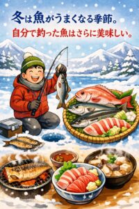 冬は魚が最も美味しくなる季節です。自分で釣った魚をその場で食べるのは、釣り人にとって最高の喜び。釣太郎
