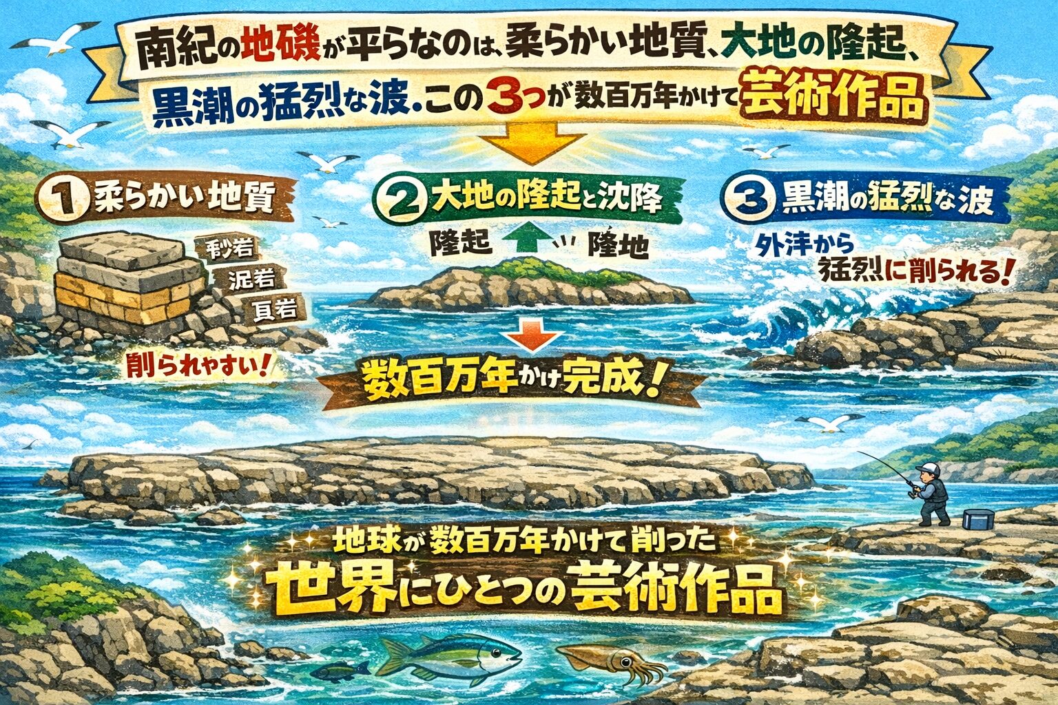 南紀の地磯は自然が数百万年かけて削り続けた完成形。平らなのは 偶然ではない。釣太郎