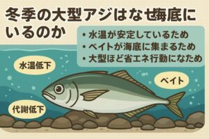 冬の大型アジ（寒尺アジ）が海底に沈むのは ・水温が安定している ・ベイトが底に集まる ・大型ほど省エネ行動になる、という科学的な理由.釣太郎