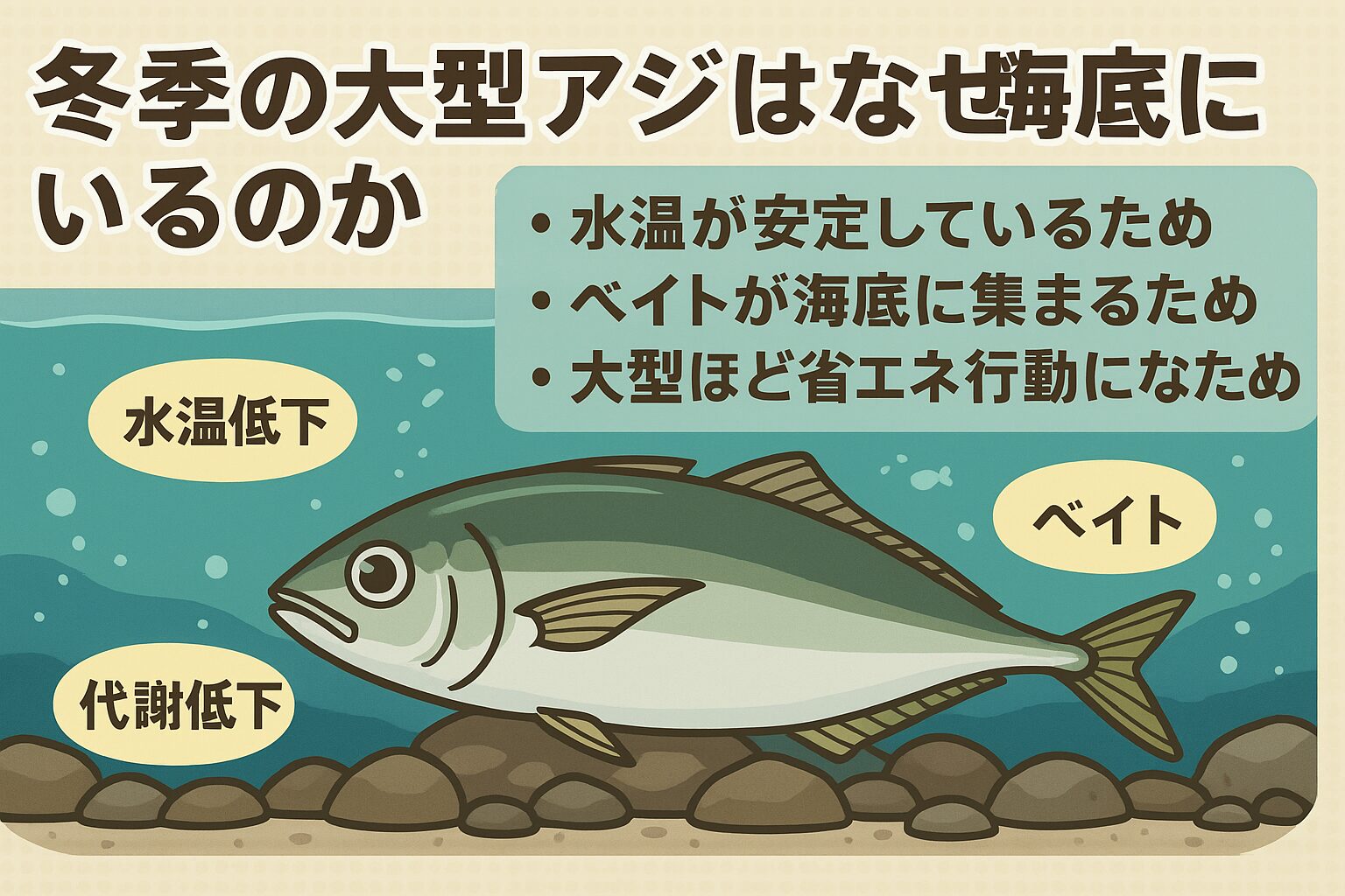冬の大型アジ（寒尺アジ）が海底に沈むのは ・水温が安定している ・ベイトが底に集まる ・大型ほど省エネ行動になる、という科学的な理由.釣太郎