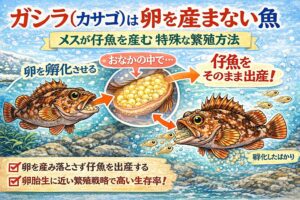 ガシラ（カサゴ）は 卵を産み落とす魚ではありません。メスのお腹の中で卵を孵化させ 仔魚の状態で出産します。これは生存率を高めるための高度な進化。釣太郎