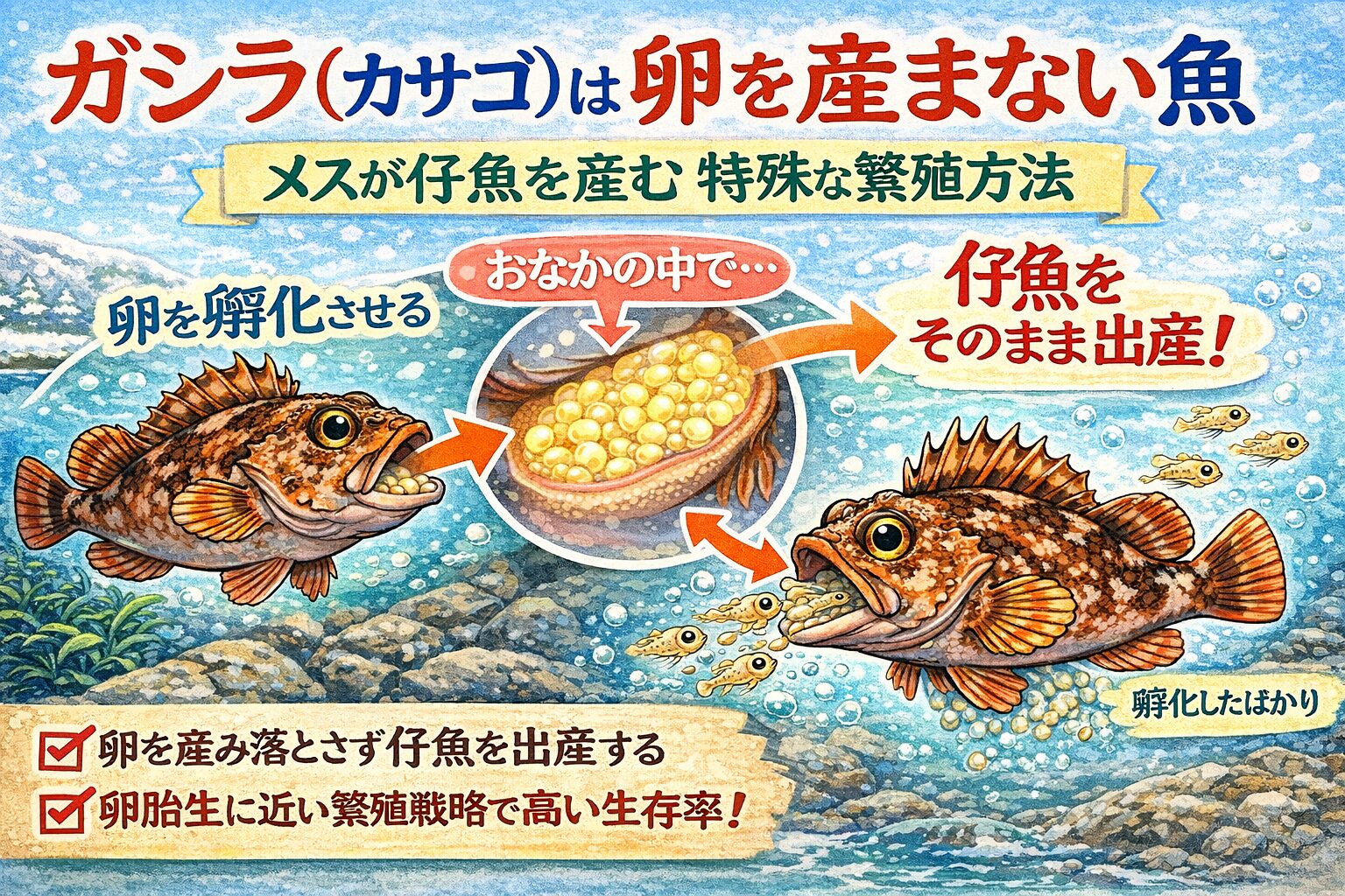 ガシラ（カサゴ）は 卵を産み落とす魚ではありません。メスのお腹の中で卵を孵化させ 仔魚の状態で出産します。これは生存率を高めるための高度な進化。釣太郎