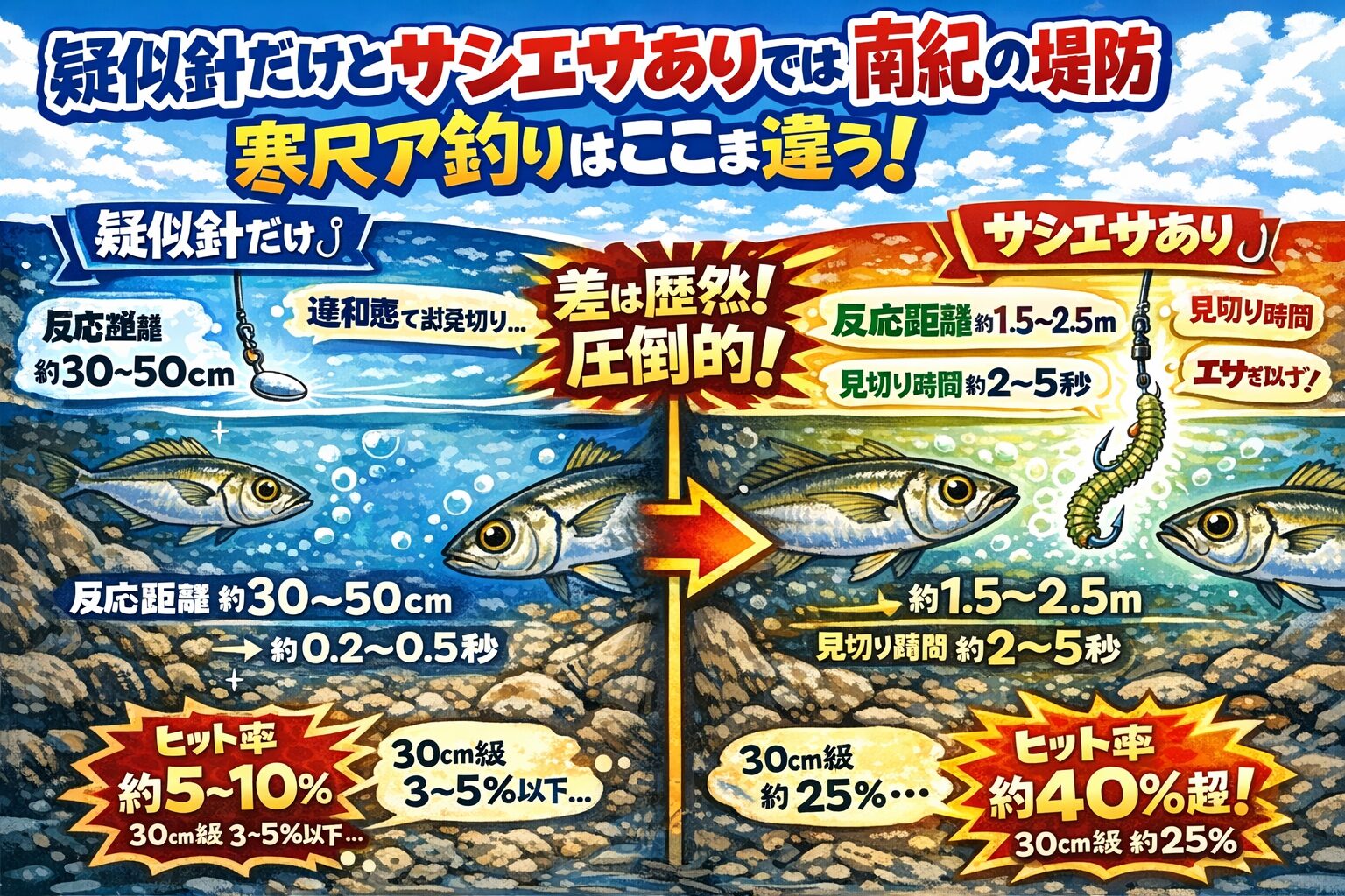 南紀の堤防寒尺アジ釣りでは疑似針＋サシエサ。反応距離が広がり 口を使う時間が伸び 寒尺アジ率が激増。寒尺アジはエサで釣る魚です。釣太郎