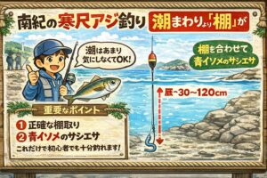 南紀の寒尺アジ釣りは 寒グレやアオリイカほど潮まわりに依存しません。重要なのは正確な棚取りと青イソメという確実なサシエサ。釣太郎