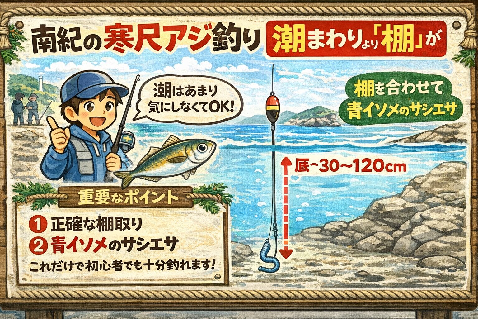 南紀の寒尺アジ釣りは 寒グレやアオリイカほど潮まわりに依存しません。重要なのは正確な棚取りと青イソメという確実なサシエサ。釣太郎