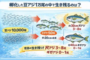 奇跡の一尾を、あなたの手で豆アジ1万尾から生き残るのはわずか数尾。尺アジは3～8尾、ギガアジは0～1尾という希少性。南紀の防波堤はその奇跡が起こる舞台。釣太郎