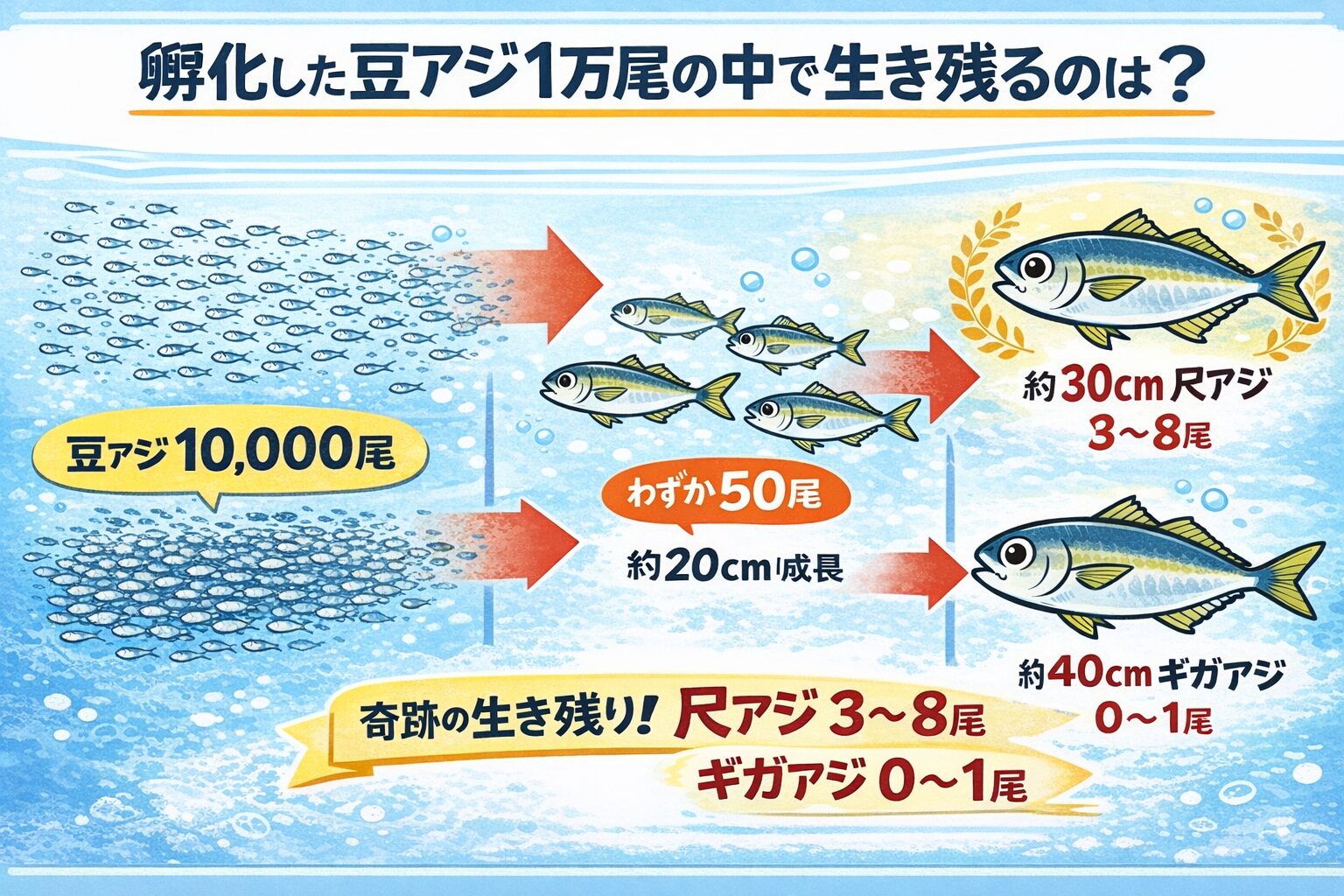 奇跡の一尾を、あなたの手で豆アジ1万尾から生き残るのはわずか数尾。尺アジは3～8尾、ギガアジは0～1尾という希少性。南紀の防波堤はその奇跡が起こる舞台。釣太郎