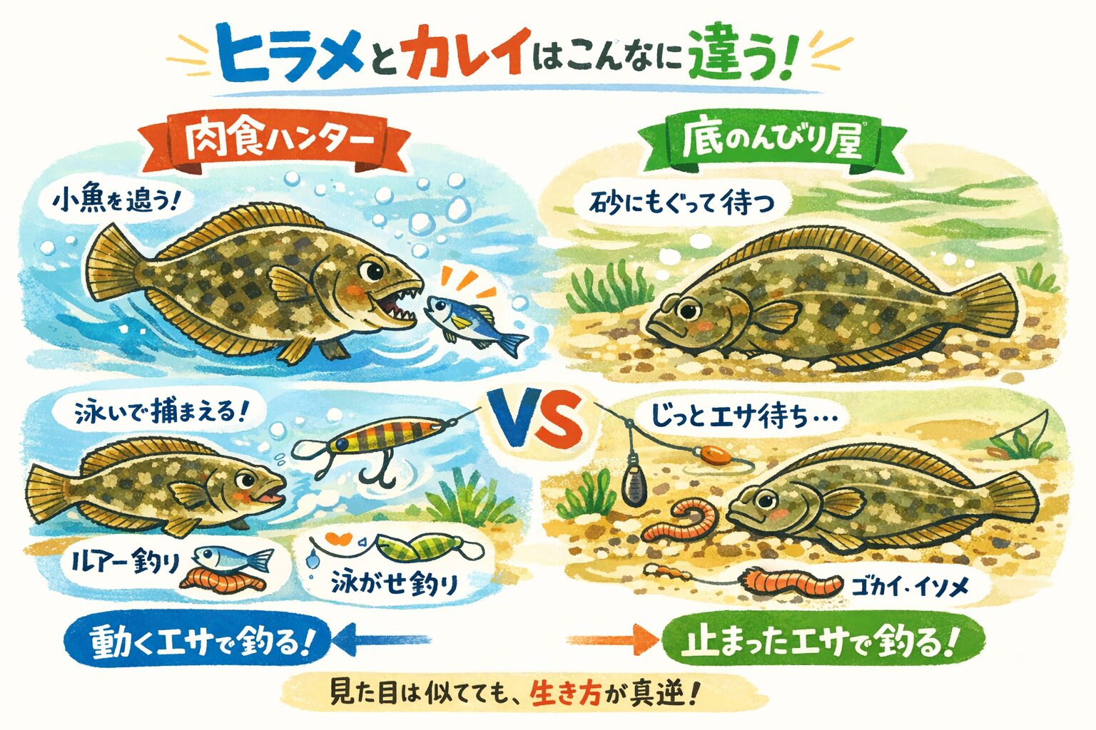 ヒラメとカレイは 姿は似ていても中身はまるで別の魚。ヒラメは攻める捕食者。カレイは底に徹する拾い食いの魚。釣太郎