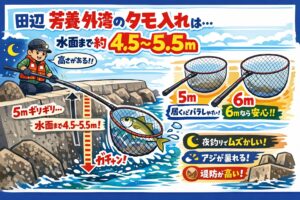 田辺・芳養（はや）外湾の「高いところ」は、水面からおおよそ【4.5〜5.5m前後】あります。釣太郎