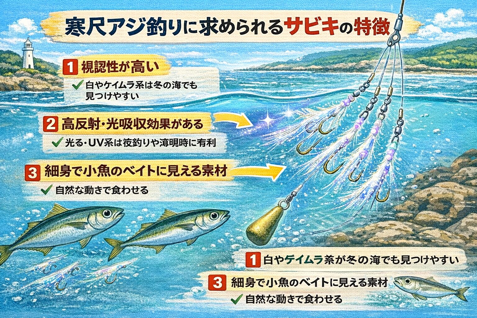 南紀の寒尺アジ釣り、色の見せ方を意識したサビキスキン選択はケイムラ・夜光系の視認性を利用・白系は昼間のベタ底攻略に最適・複数色を用意してその日最適を選ぶ。釣太郎