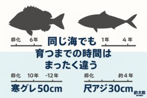 寒グレ50cmは孵化から12年。確率は約0.001〜0.005％。（10万匹孵化して1〜5匹くらい）尺アジ30cmは孵化から約4年。 確率は約0.0008〜0.016％。（10万匹孵化して1〜16匹くらい）釣太郎